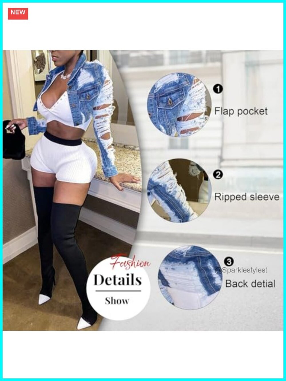 Cropped Denim Jean Jacket Ripped Long Sleeve Button Down - Picture 4 of 6